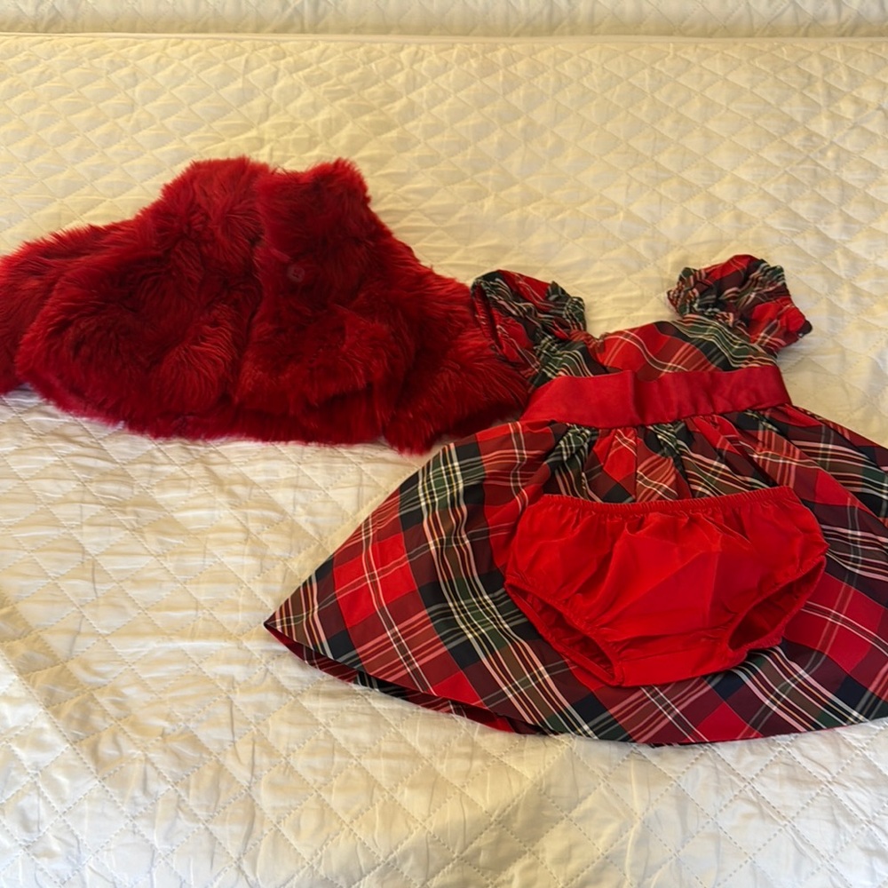 Janie and Jack Red Plaid Christmas Dress with Fur Vest